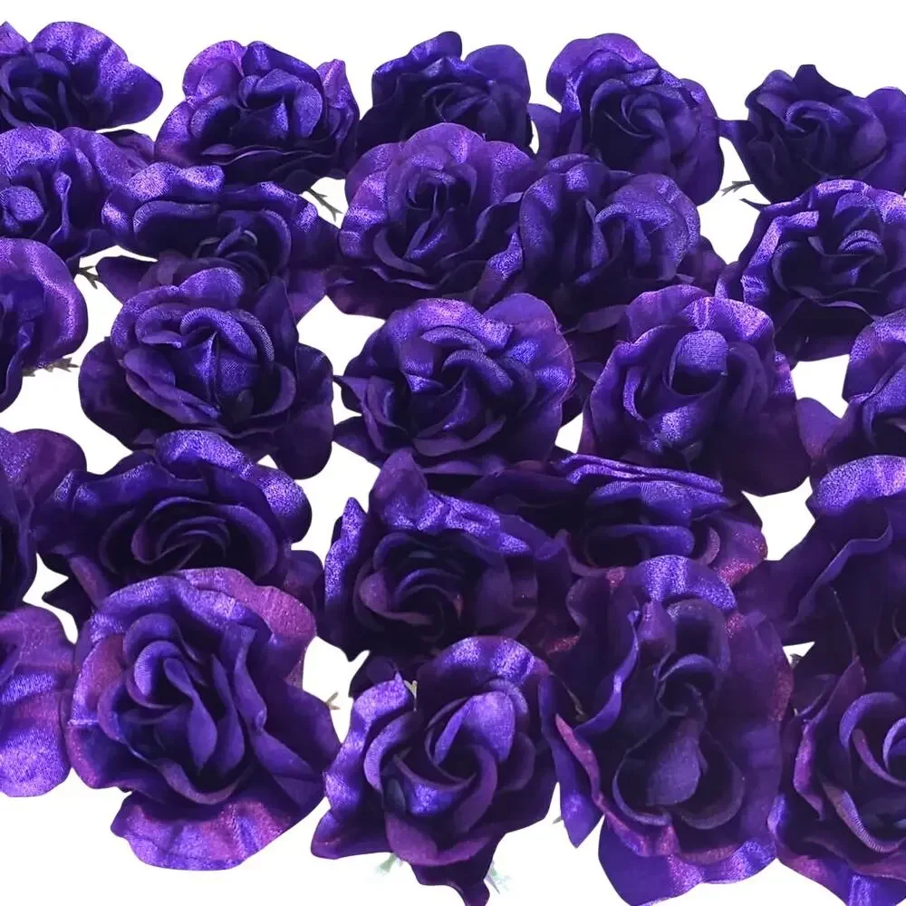 50 Purple Satin Rose Heads Stemless Wedding Floral Craft DIY Wreath 2.5in